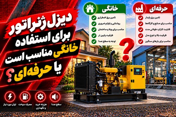 مقایسه دیزل ژنراتور برای استفاده خانگی و حرفه ای با بررسی توان، مصرف سوخت، هزینه خرید، صدا و شرایط نصب